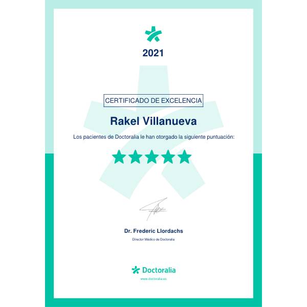 Certificado de Excelencia 2021 psicóloga en Galdakao Rakel Villanueva